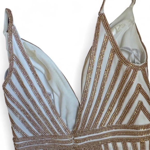 Jovani White Maxi with Gold Beaded Linear Accents - Picture 5 of 6